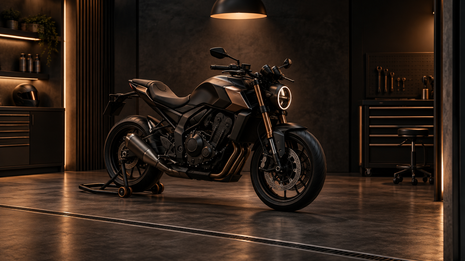 Illustrative single motorcycle storage and service concept